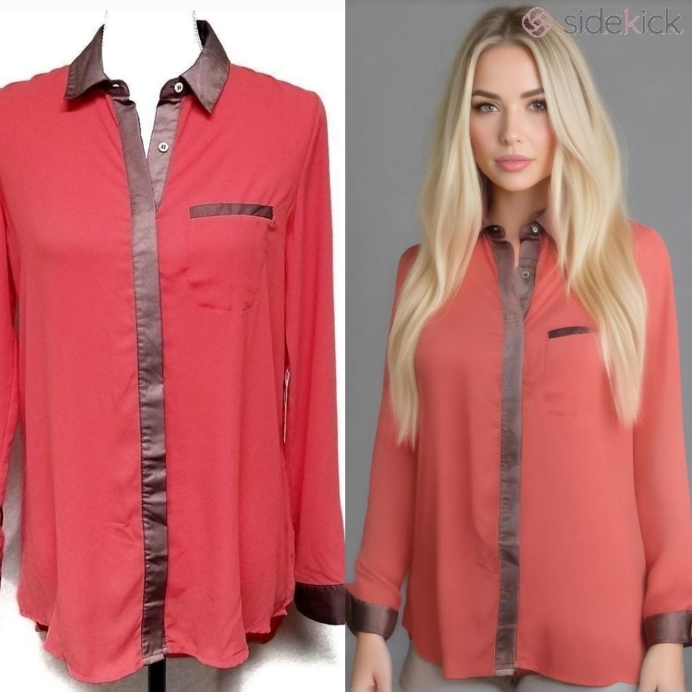 Free People Peach Chiffon Brown Satin Trim Button Up Long Sleeve Blouse NWT XS